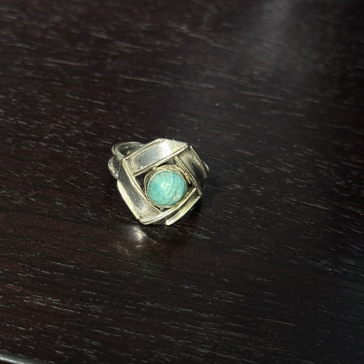 Vintage Modernist Sterling Silver Turquoise Artisan Ring Sculptural 65$